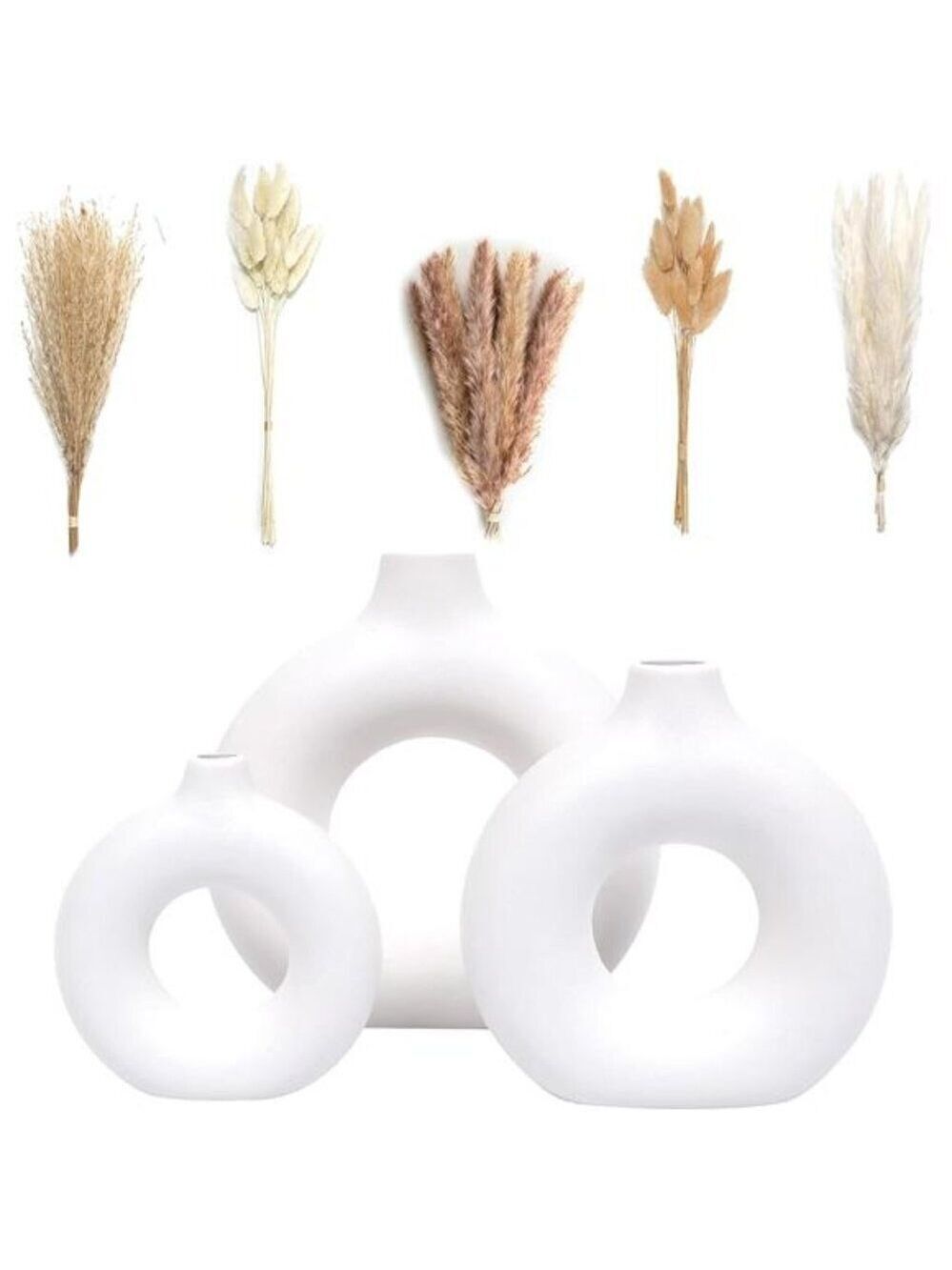 White Ceramic Vases with Dried Pampas Grass Set Home Decor Boho Room Gift